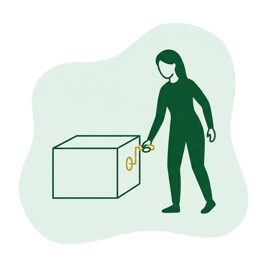 Flat vector icon of a figure winding a plain small crank on the side of a low box