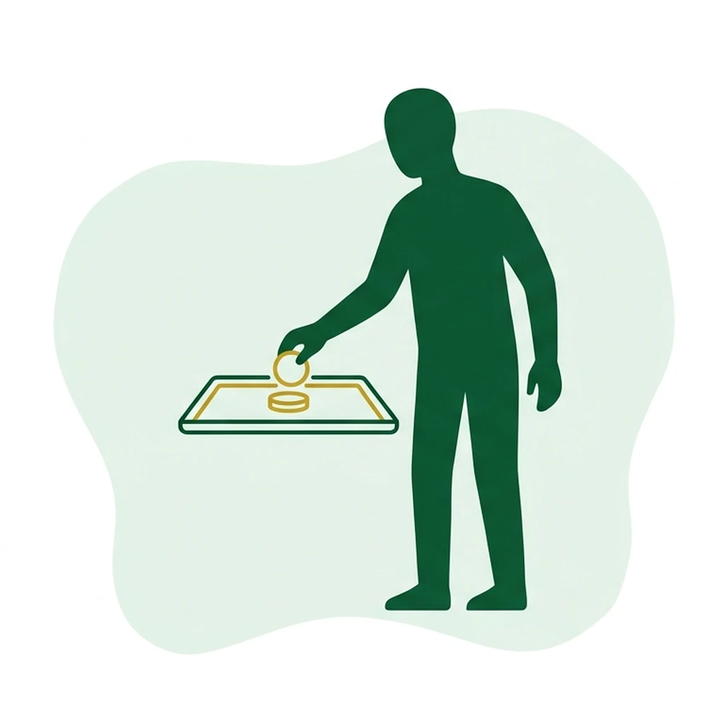 Flat vector icon of a figure placing a plain small round token onto a plain flat tray