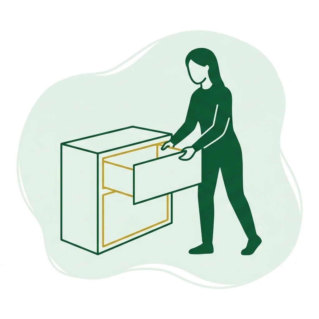 Flat vector icon of a figure sliding a plain wide drawer partway out of a low cabinet