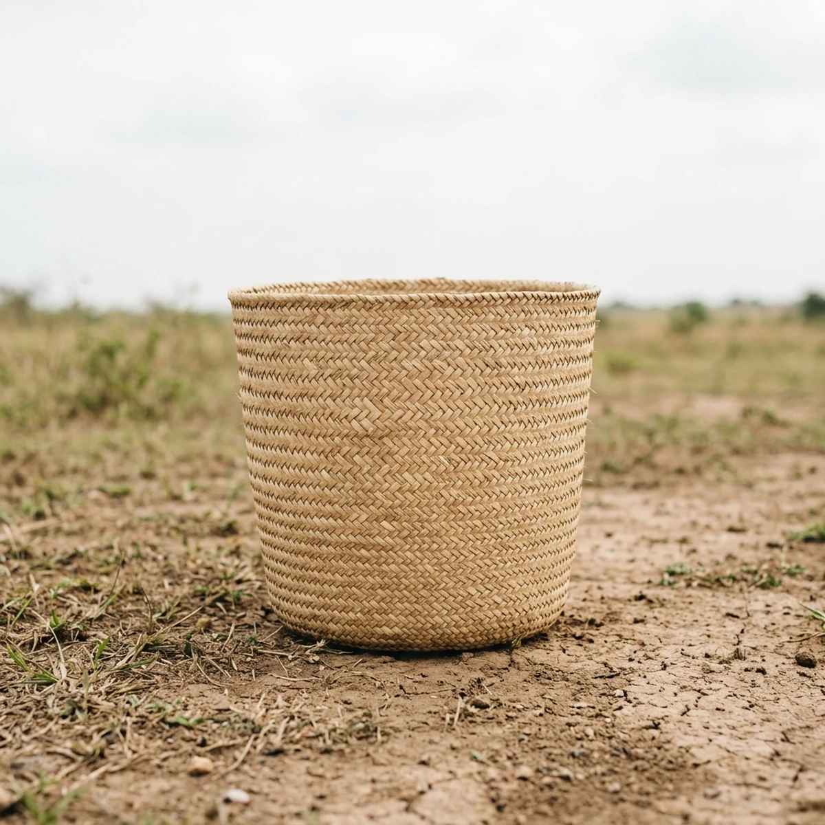 Single plain woven raffia basket resting on open ground under soft daylight