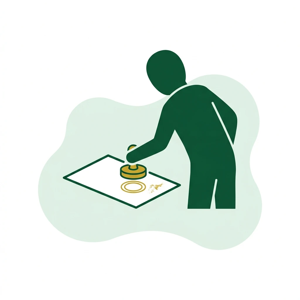 Flat vector icon of a figure pressing a plain round stamp onto a plain sheet