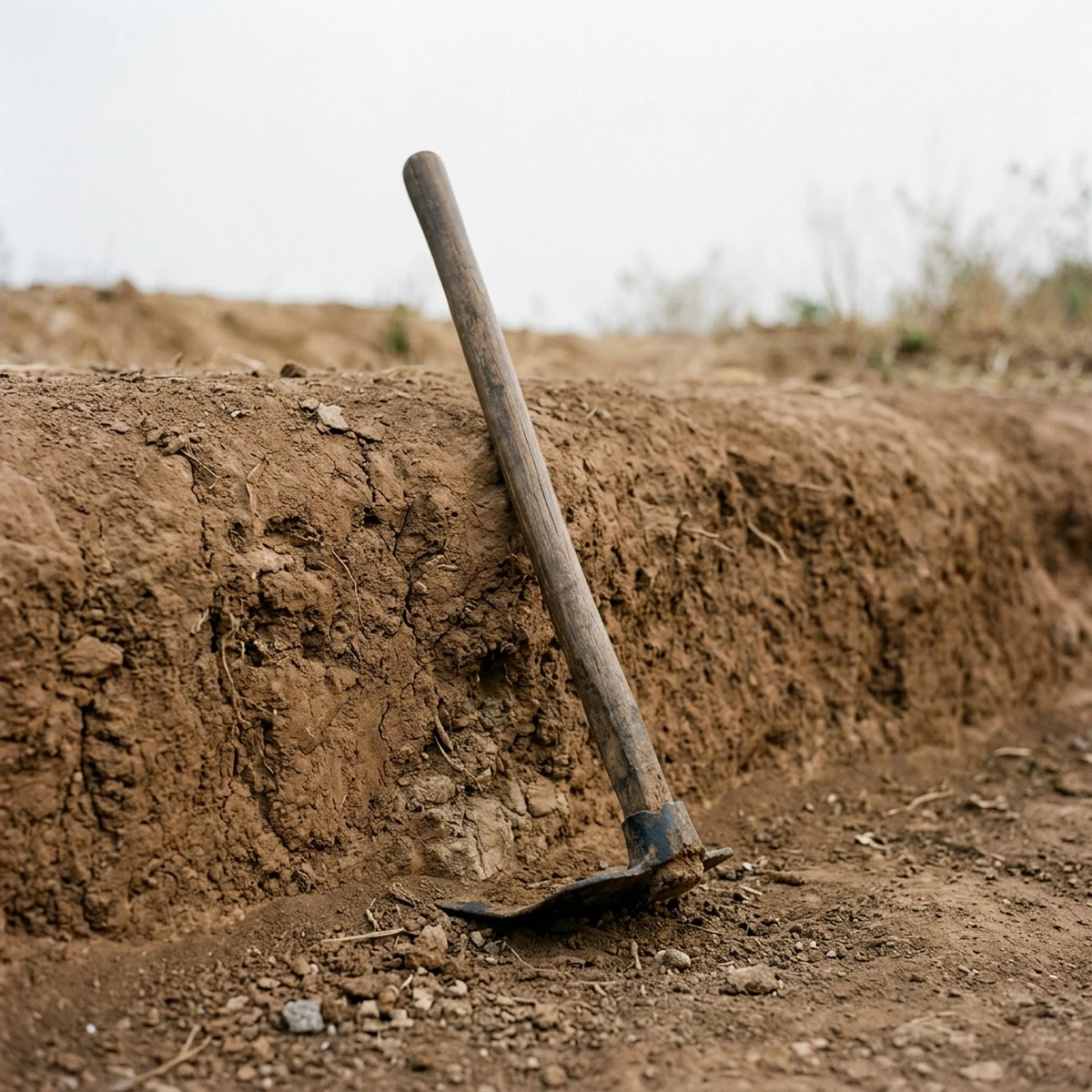 Single plain wooden hoe resting upright against a low earthen bank under soft daylight