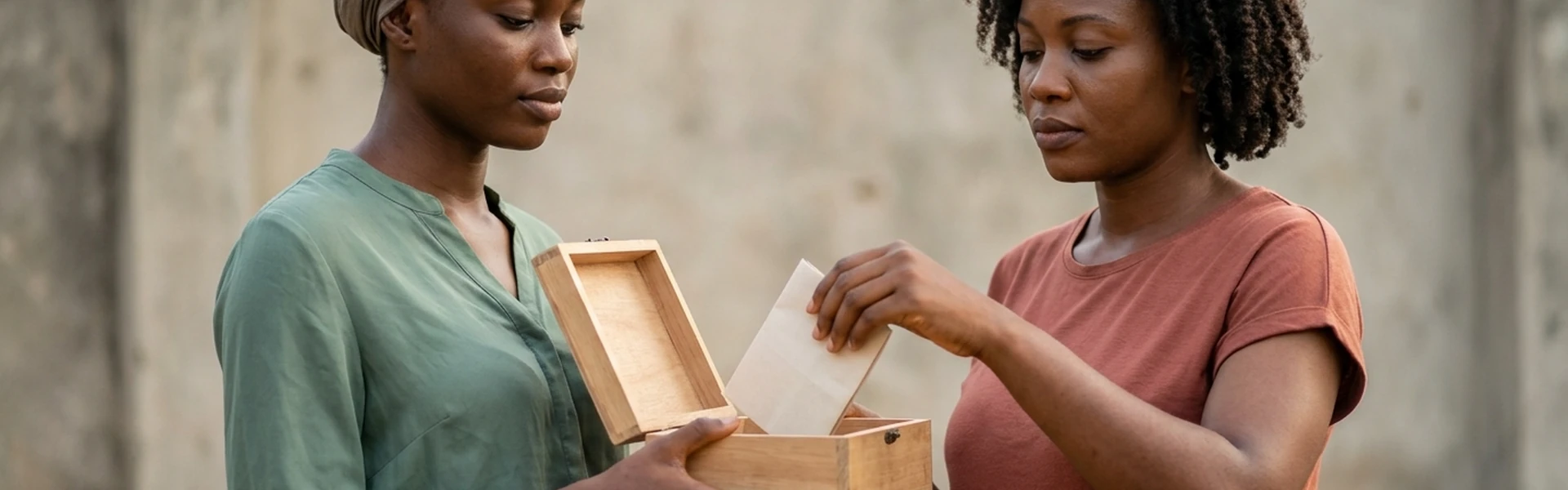 Two Nigerian women perform one action together, one holding a small box open and one placing a folded paper into it