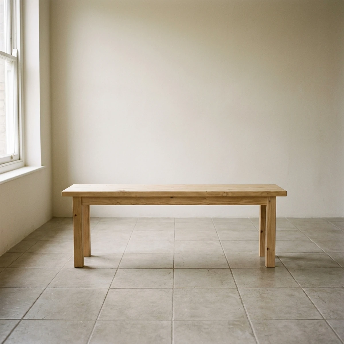 Single plain wooden bench on an open tiled floor under soft daylight